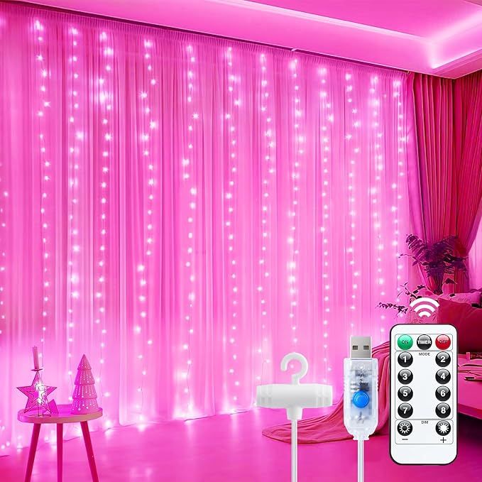 Curtain Lights, 300 LED Dimmable Fairy Lights with Remote and Timer, 8 Modes, USB Powered String Lights for Room Wall Party Xmas Indoor Decor, Pink