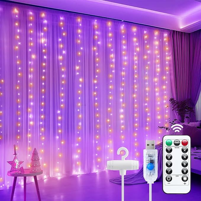 Curtain Lights, 300 LED Dimmable Fairy Lights with Remote and Timer, 8 Modes, USB Powered String Lights for Room Wall Party Xmas Indoor Decor, Purple & Orange