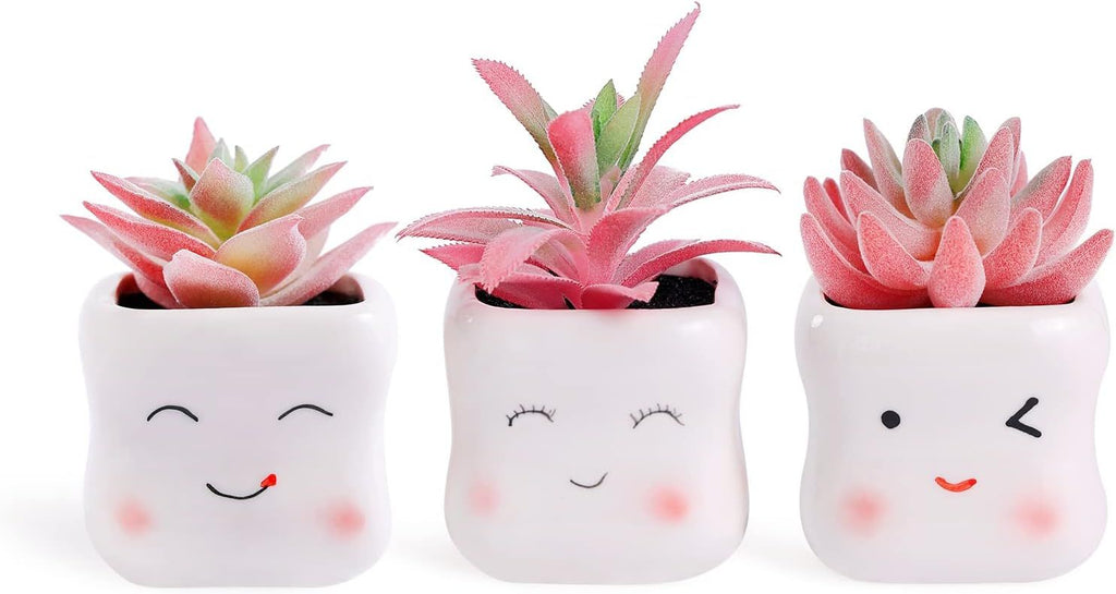 Cute Artificial Faux Succulents in Pots, Pink Fake Plants Ceramic Arrangement Planter Small Mini Tiny Decoration for Home Office Accessories Women Desk Window Sill Bathroom Bedroom