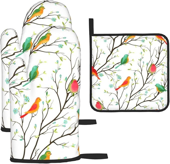 Cute Birds Oven Mitts and Pot Holders Sets of 3 Birds on Tree Heat Resistant Non Slip BBQ Gloves for Cooking Grilling Baking Kitchen Decor