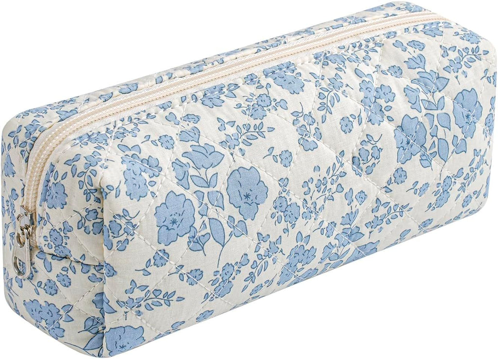 Cute Floral Cotton Makeup Brush Cosmetic Bag for Women, Travel Quilted Zipper Make Up Bag, Flowers Toiletry Organizer Case Makeup Cosmetic Travel Cloth Pouch (Blue Floral)