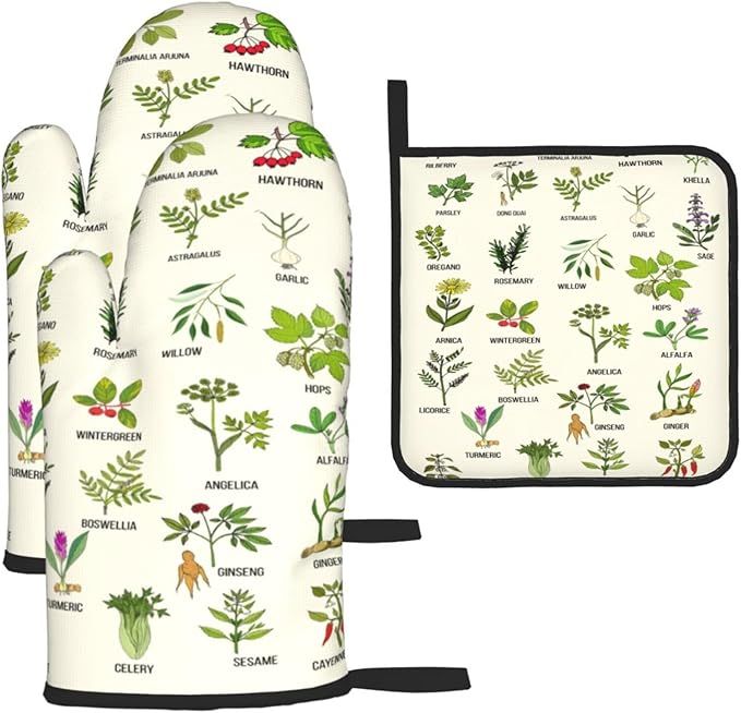 Cute Herbs Botanic Garden Plants Oven Mitts and Pot Holders Sets Heat Resistant for Kitchen BBQ Microwave Baking Grilling Cooks Set of 3 Kitchen Oven Glove