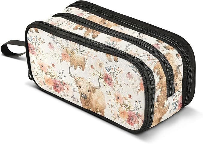 Cute Highland Cows Flowers Pencil Case Box Boys Girls Large Pencil Pouch with Zipper Compartments Big Capacity Stationery Pen Bag Organizer for Kids Teens Adults School