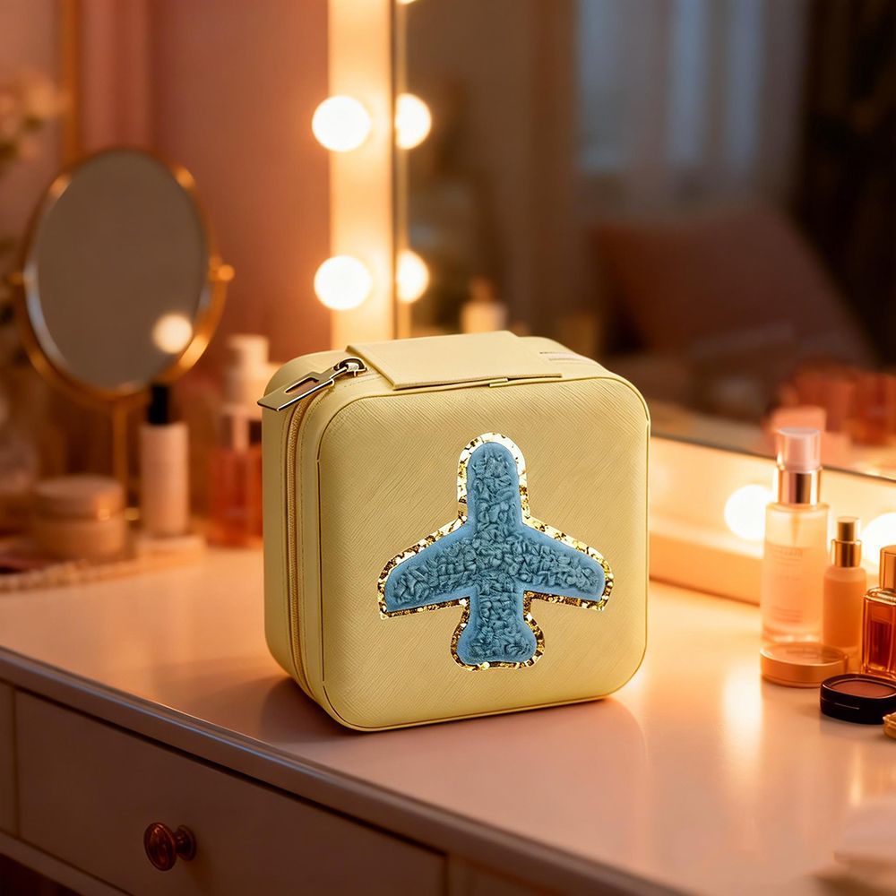 Cute Plane Pattern Travel Makeup Case, Shockproof PU Leather Cosmetic Bag with Dividers, Portable Handheld Beauty Storage Box
