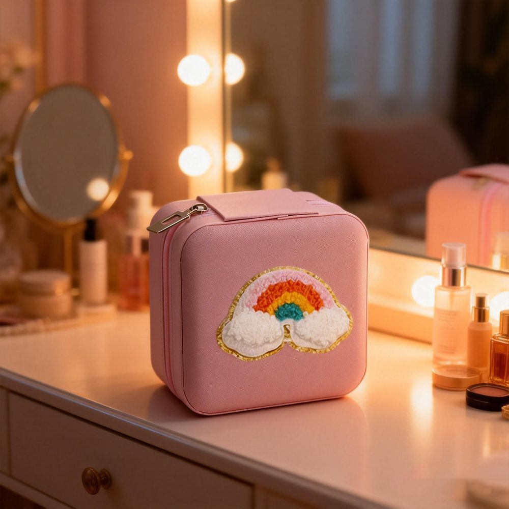 Cute Plane Pattern Travel Makeup Case, Shockproof PU Leather Cosmetic Bag with Dividers, Portable Handheld Beauty Storage Box