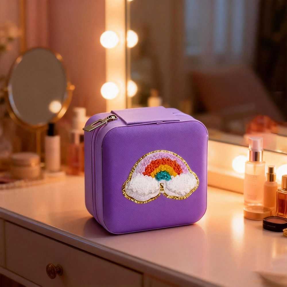 Cute Plane Pattern Travel Makeup Case, Shockproof PU Leather Cosmetic Bag with Dividers, Portable Handheld Beauty Storage Box
