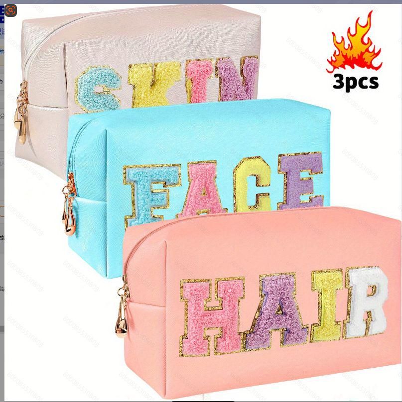 Cute Varsity Letter Makeup Pouch Set - Large Capacity Toiletry Bags for Women