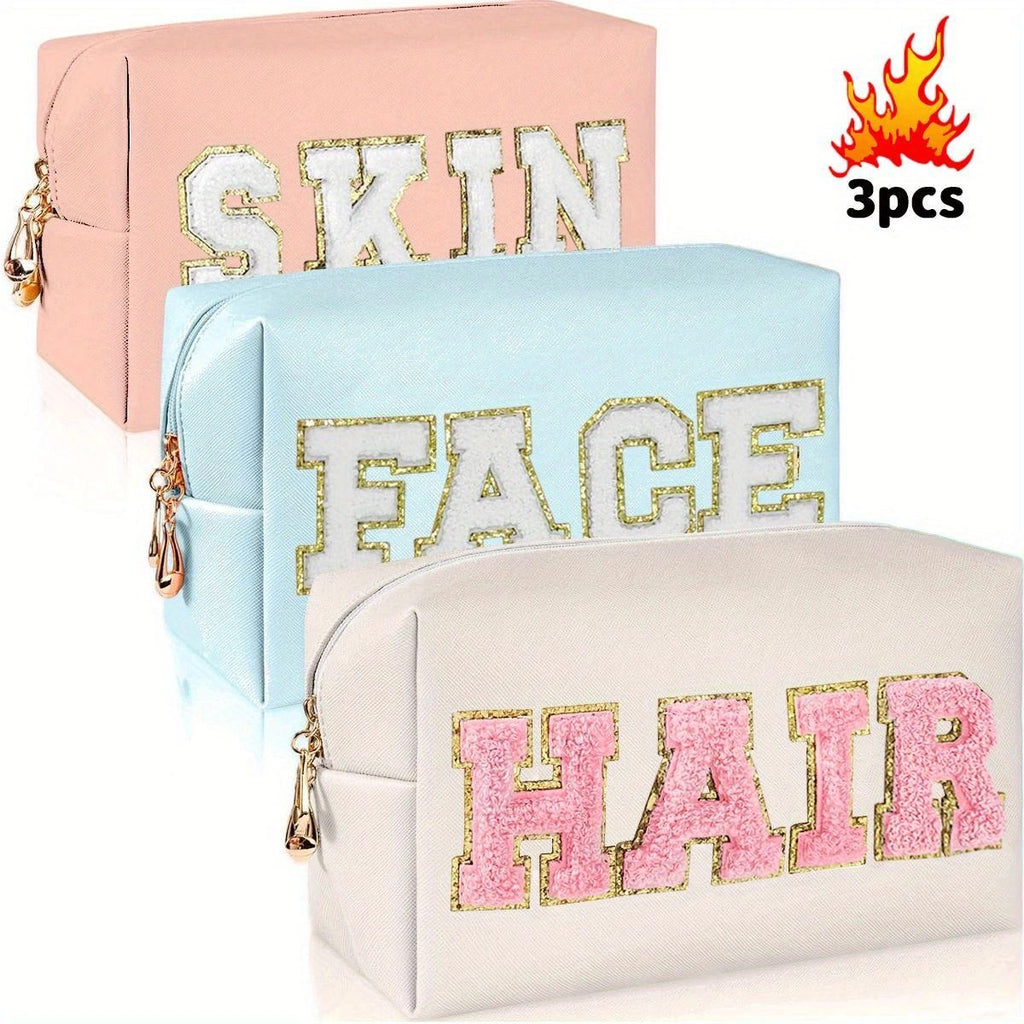 Cute Varsity Letter Makeup Pouch Set - Large Capacity Toiletry Bags for Women