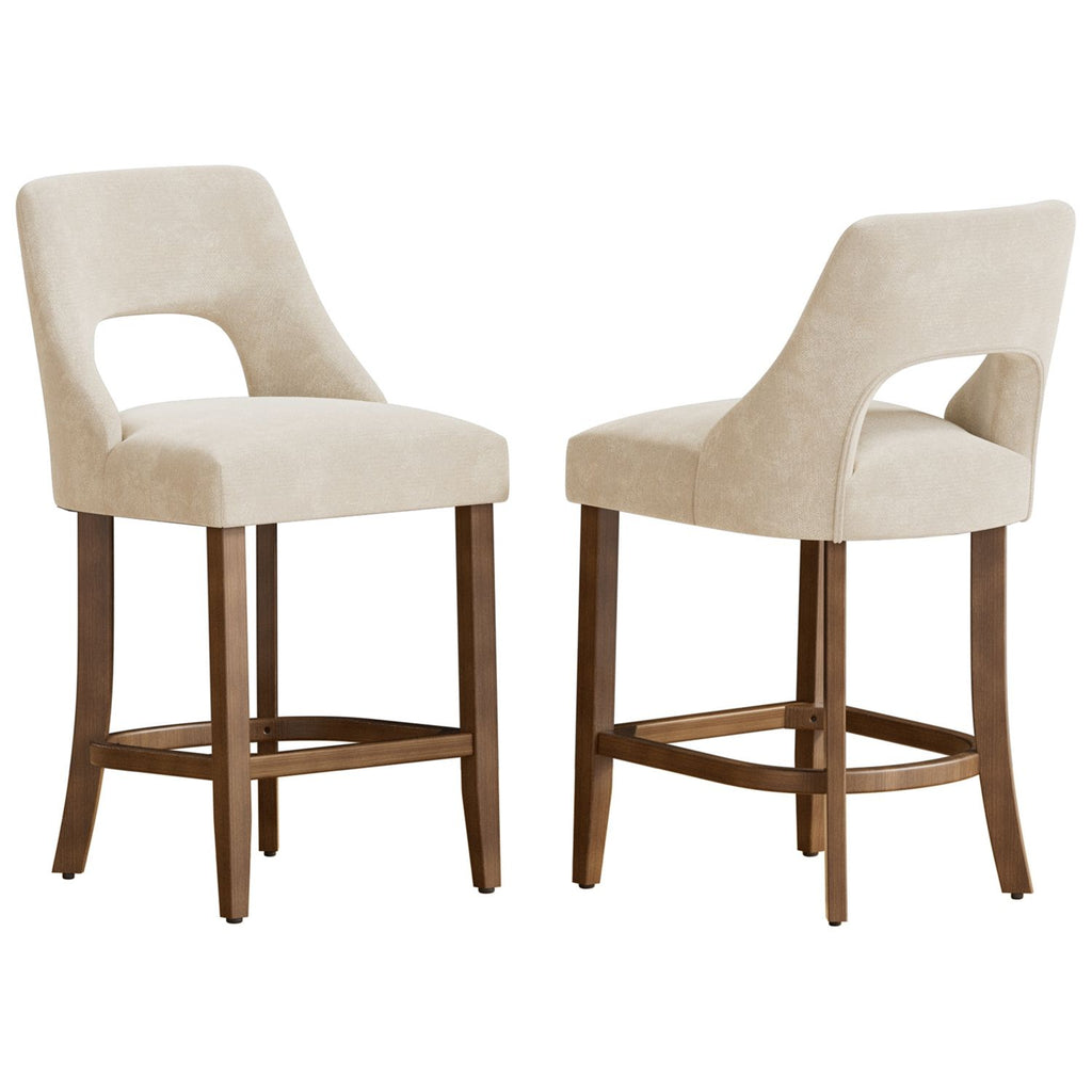 Cutout Back Counter Height Bar Stools Set of 2, Mid Century Chenille Upholstered Kitchen Island Stools with Solid Rubberwood Legs