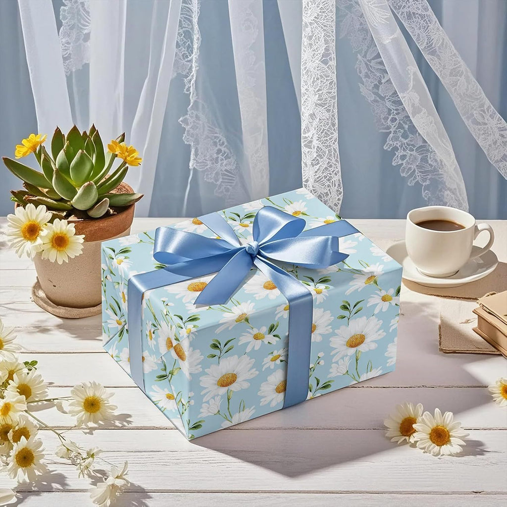 Daisy Wrapping Paper Roll for Girls Women, Light Blue Daisy Fresh CheerfuDesign, for Spring Summer Baby Shower, Bridal Shower, Mini Roll 17 in x 16.4 Ft