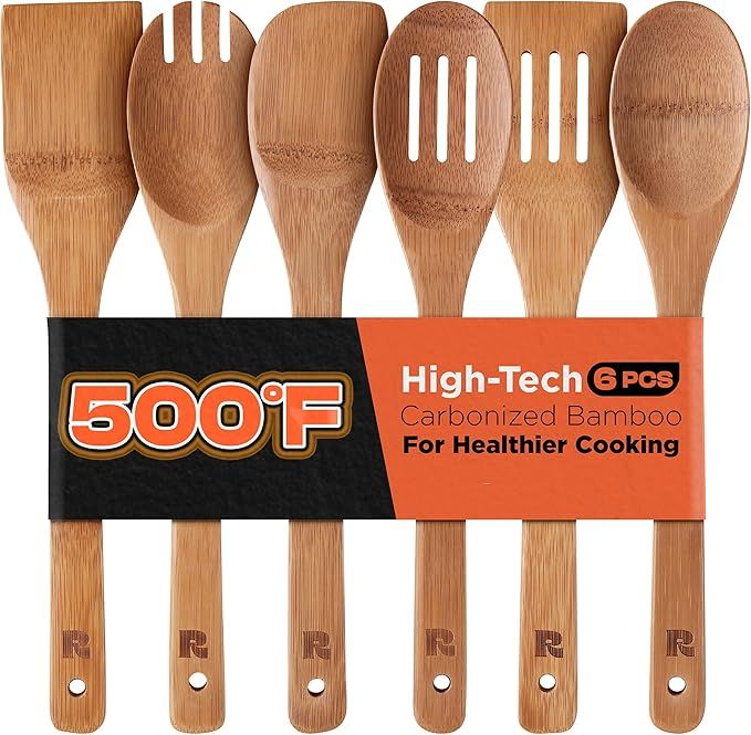 Dark Bamboo Wooden Spoons for Cooking 6-Piece, Apartment Essentials Wood Spatula Spoon Nonstick Kitchen Utensil Set Premium Quality Housewarming Gifts for Everyday Use