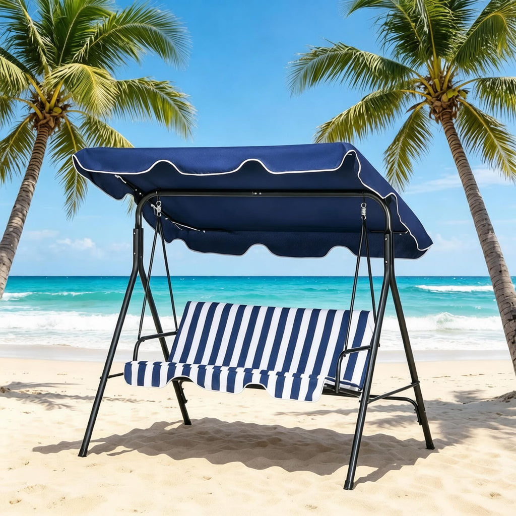 Dark Blue 3-Seat Outdoor Patio Swing Chair with Cushion Steel Frame Stand Adjustable Tilt Canopy for Garden
