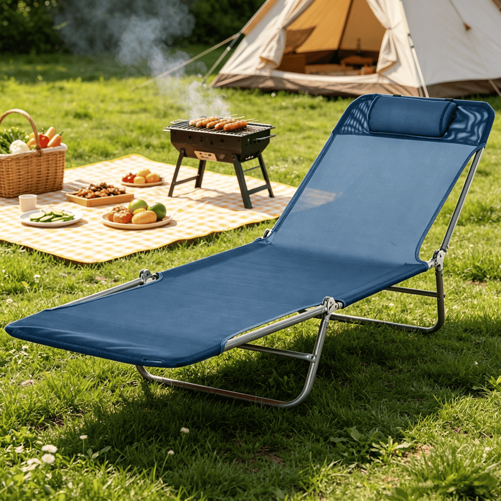 Dark Blue Folding Chaise Lounge Chair Outdoor Reclining Sun Tanning Chair with Breathable Mesh Seat And Headrest for Beach Yard Patio