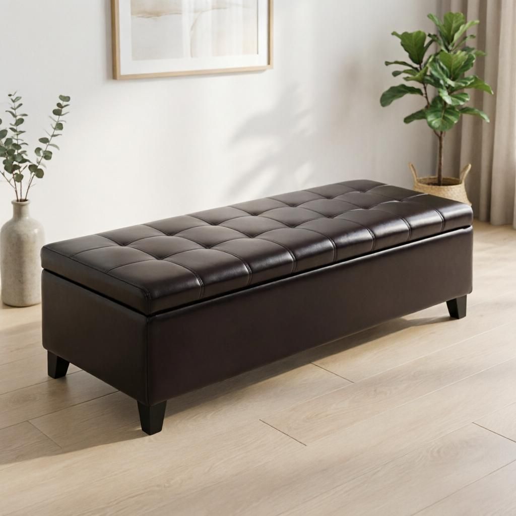 Dark Brown 51" Faux Leather Storage Bench  Lift Top for Living Room Entryway Additional Seating with Hidden Storage