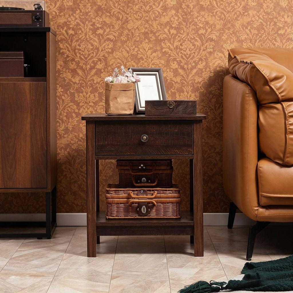 Dark Brown End Table with Drawer Side Table with Top And Bottom Shelf for Small Spaces Modern Living Room Furniture