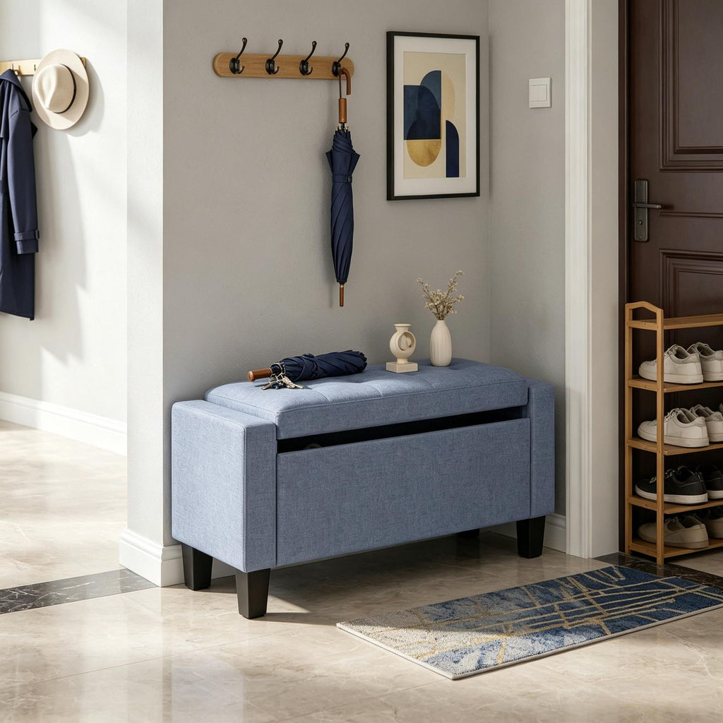 Dark Gray Storage Ottoman with Wooden Legs Tufted Armrests for Entryway Living Room Bedroom 36.6 Inch Size Storage Bench