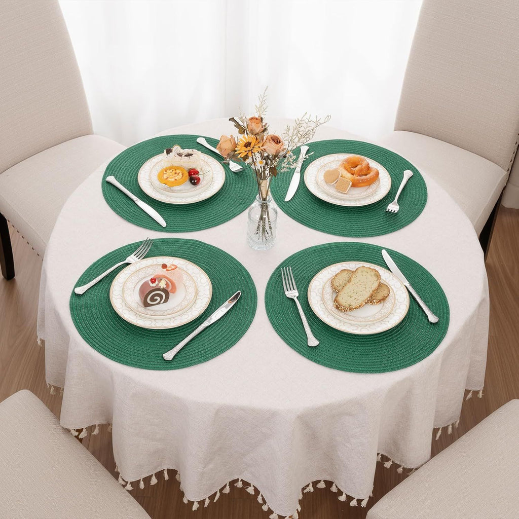 Dark Green Round Placemats Set of 6 Cotton Polyester Braided 15 inch Washable Kitchen Dining Table Place Mats Christmas Table Mats for Home Wedding Party Decor
