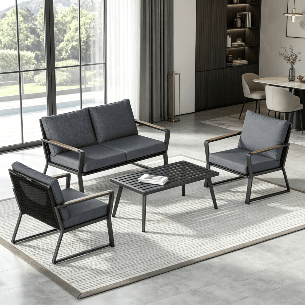 Dark Grey 4 Piece Aluminum Patio Furniture Set Outdoor Garden Sofa Conversation Set with Loveseat Armchairs Center Coffee Table And Cushions