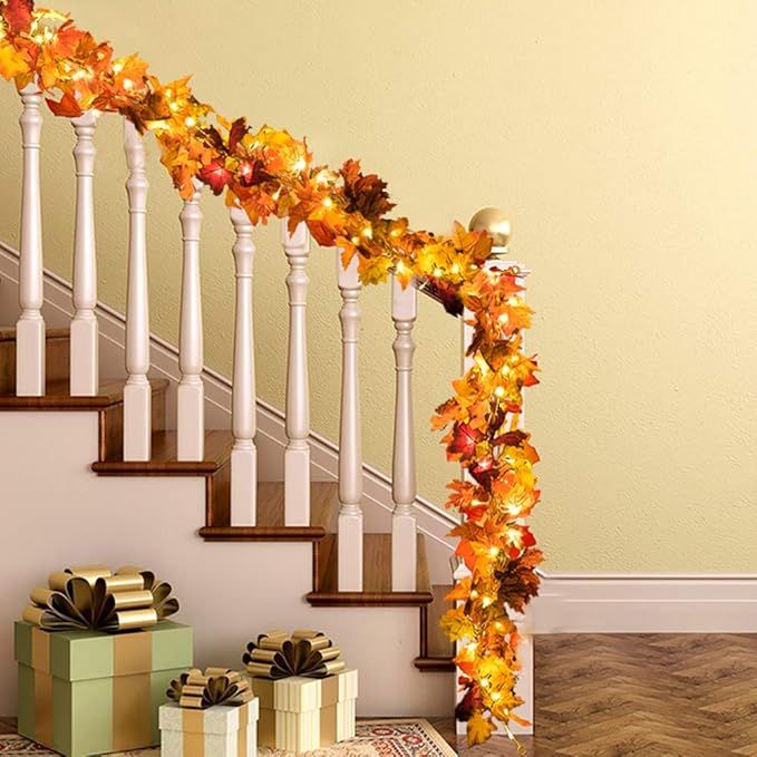 DearHouse 2 Pack Fall Maple Leaf Garland, 5.9Ft/Piece Hanging Vine With 16.4ft 40 Led String Light, Artificial Autumn Thanksgiving Decor for Home Wedding Fireplace Party
