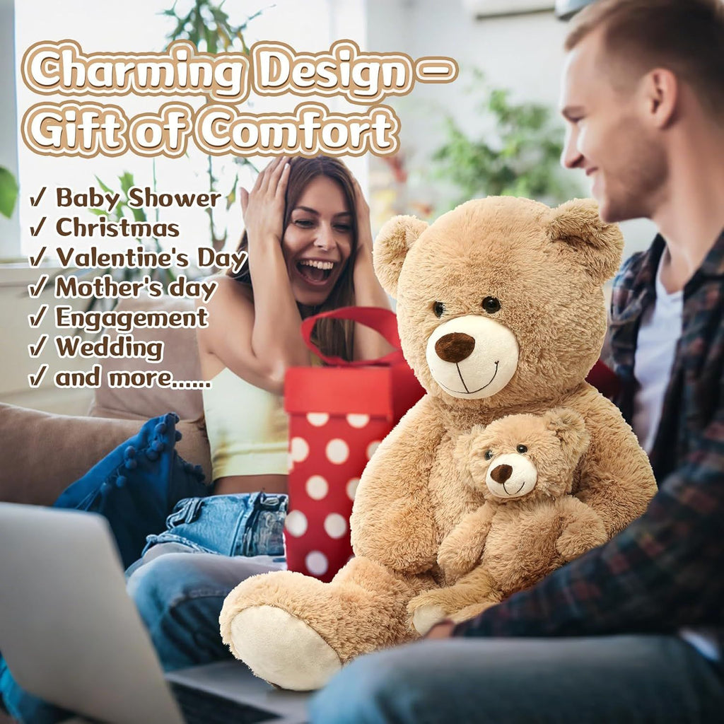 Decorations Teddy Bear with Baby for Baby Shower, 39 Inch Soft Bear Stuffed Animal, Gift for Birthday Kids Girls Boys, Party Favor, Tan