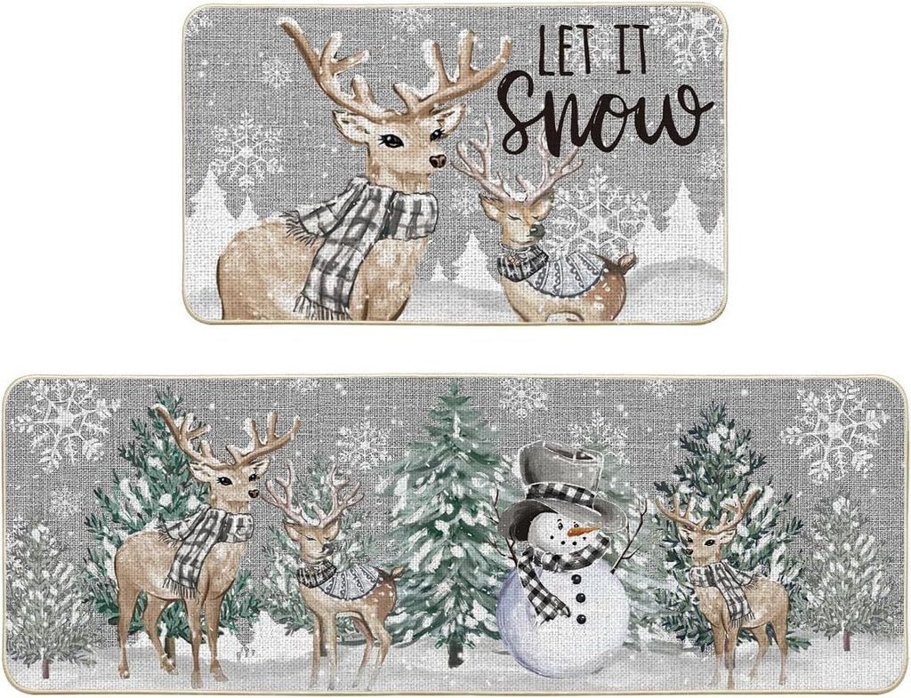 Deer Tree Let It Sonw Snowflakes Christmas Kitchen Mats Set of 2, Winter Decor Low-Profile Kitchen Rugs for Floor - 17x29 and 17x47 Inch