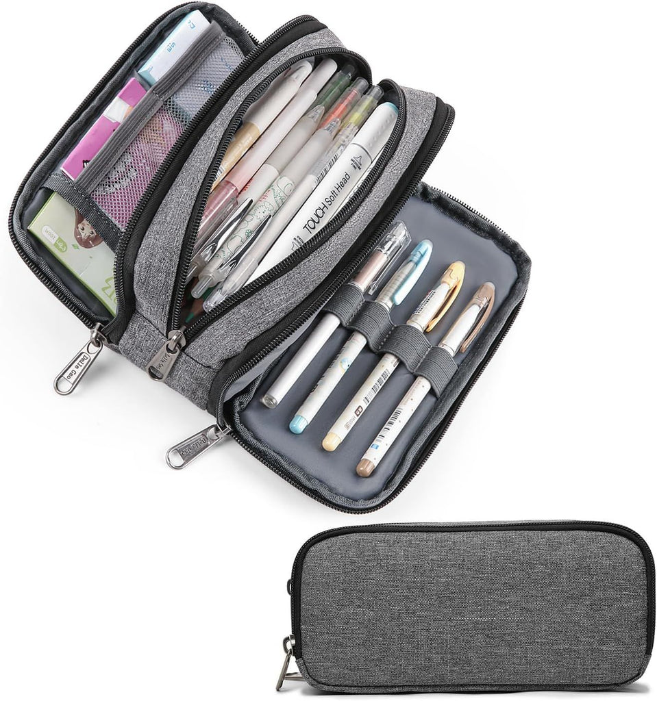 Della Gao Big Capacity Pencil Case, Aesthetic Pencil Pouch with 3 Compartments Large Pencil Bag Nylon Storage Pen Bag Office Stationery Organizer for Women and Men - Grey