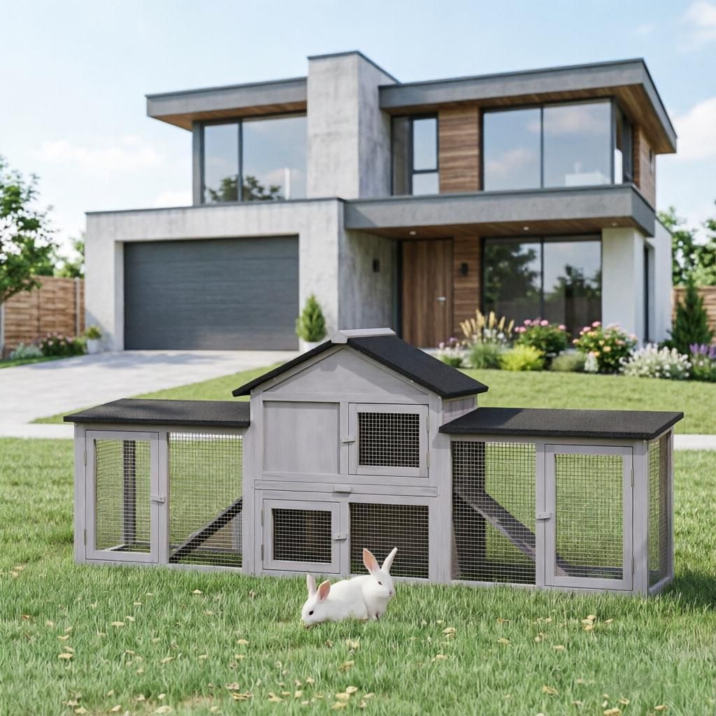 Deluxe 2 Story Outdoor Rabbit House XL Wooden Hutch 83'' with Ladder And Run Big Bunny Cage Gray