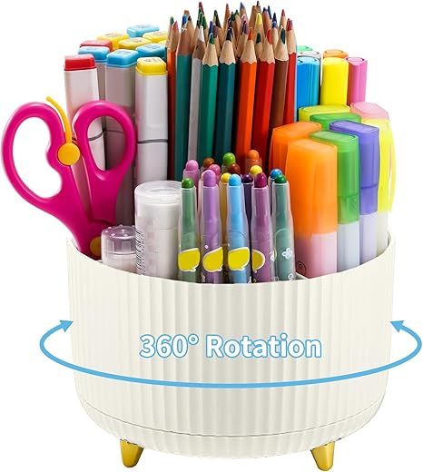 Desk Organizer, 360-Degree Rotating Pen Holder, 5-Compartment Pencil Organizer, Art Supply Storage Box Caddy for Office and Home (Ivory)