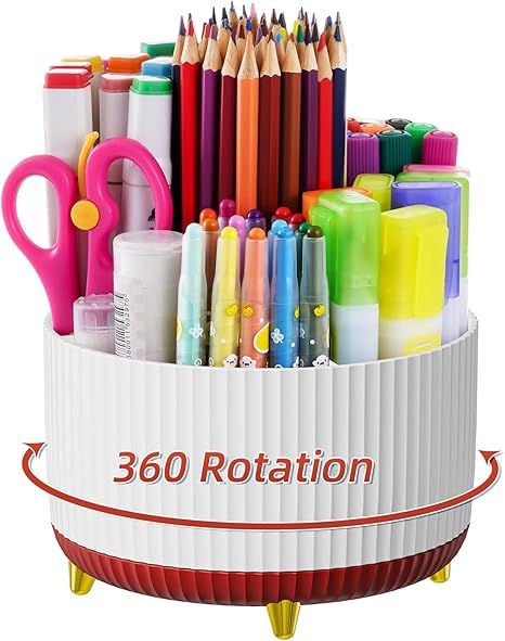 Desk Organizer, 360-Degree Rotating Pen Holder, Desk Organizers and Accessories with 5 Compartments Pencil Holder, Art Supply Storage Box Caddy for Office, Home