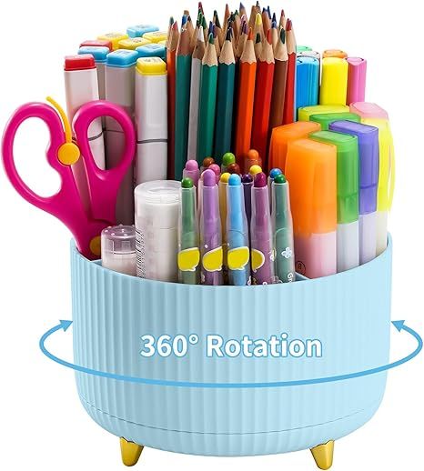 Desk Organizer, 360-Degree Rotating Pen Holder, Desk Organizers and Accessories with 5 Compartments Pencil Holder, Art Supply Storage Box Caddy for Office, Home