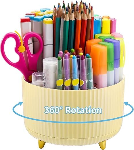 Desk Organizer, 360-Degree Rotating Pen Holder, Desk Organizers and Accessories with 5 Compartments Pencil Holder, Art Supply Storage Box Caddy for Office, Home