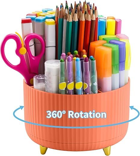 Desk Organizer, 360-Degree Rotating Pen Holder, Desk Organizers and Accessories with 5 Compartments Pencil Holder, Art Supply Storage Box Caddy for Office, Home