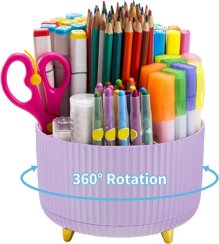 Desk Organizer, 360-Degree Rotating Pen Holder, Desk Organizers and Accessories with 5 Compartments Pencil Organizer, Art Supply Storage Box Caddy for Office, Home(Pink)