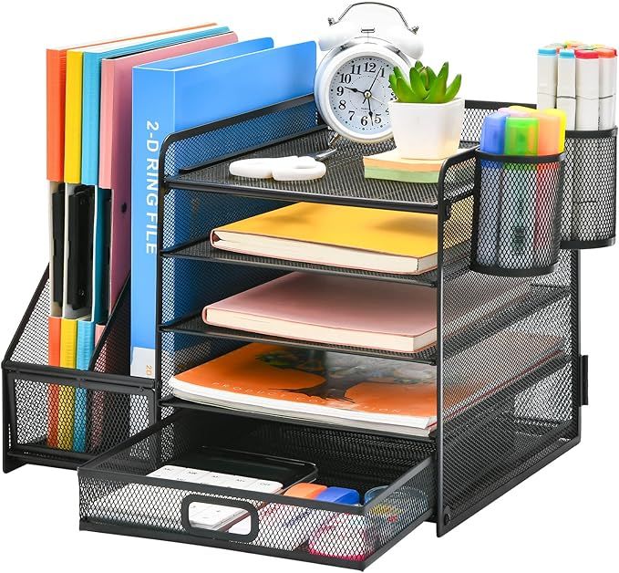 Desk Organizer with File Holder, 5-Tier Paper Letter Tray Organizer with Drawer and 2 Pen Holder, Mesh Desktop Organizer and Storage with Magazine Holder for Office Supplies(Black