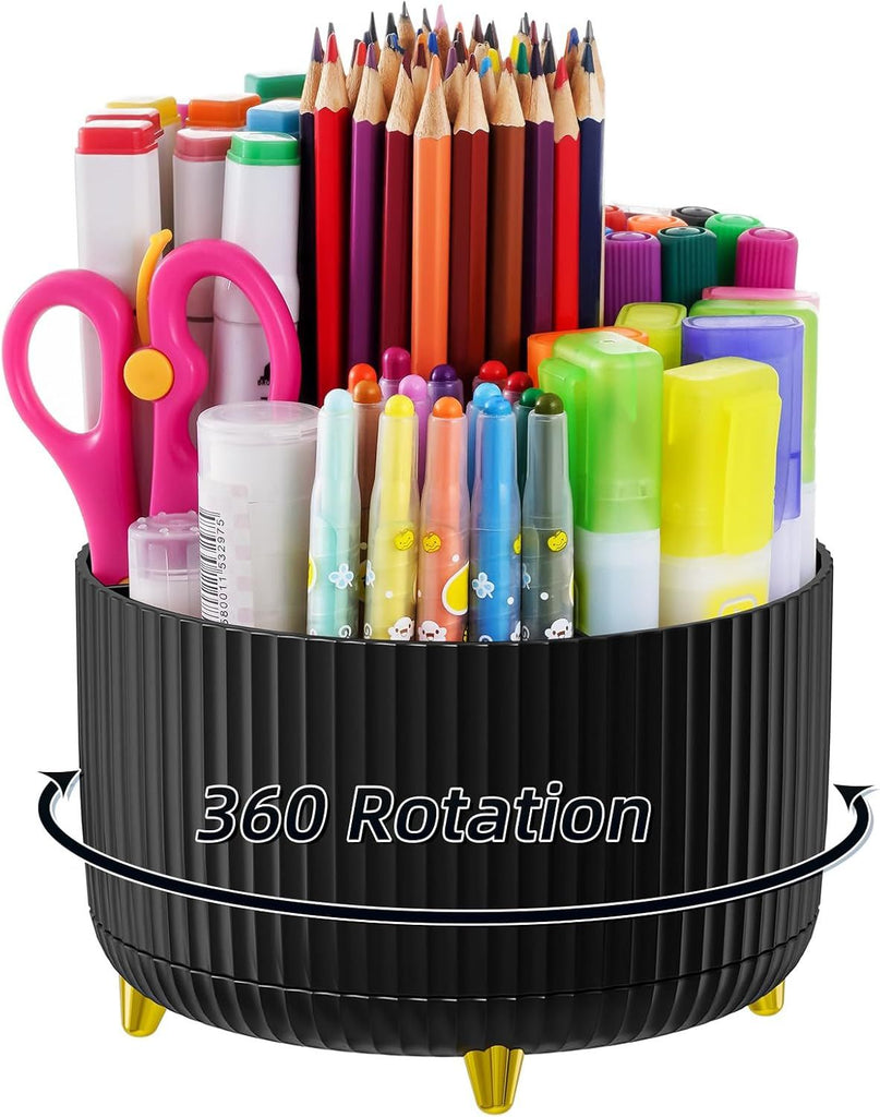 Desk  Rotating Pen Holder, Desk Organizers and Accessories with 5 Compartments Pencil Holder, Art Supply Storage Box Caddy for Office, Home (Black)