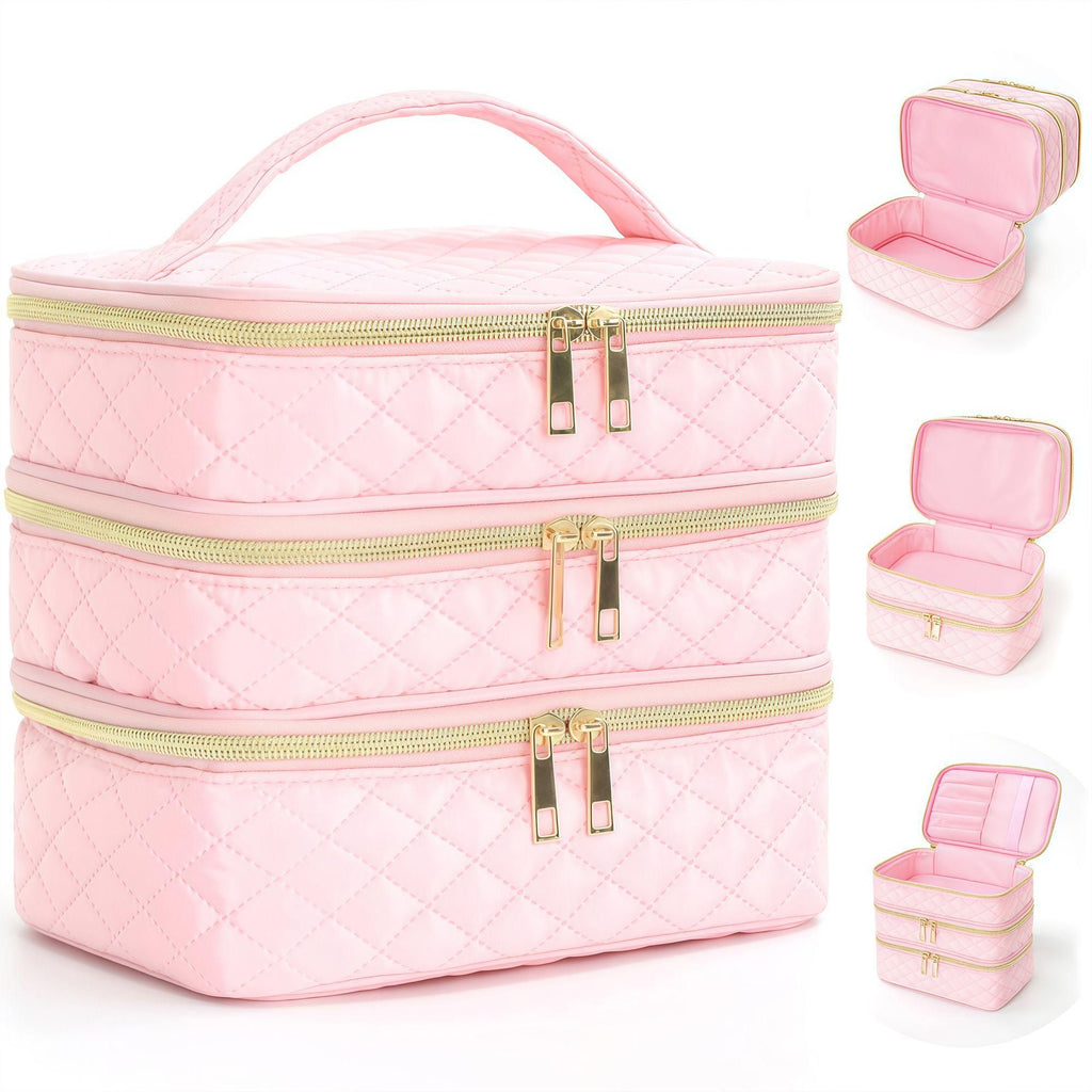 Detachable three-layer diamond grid makeup bag, handheld large capacity skincare storage bag, portable beauty bag for travel