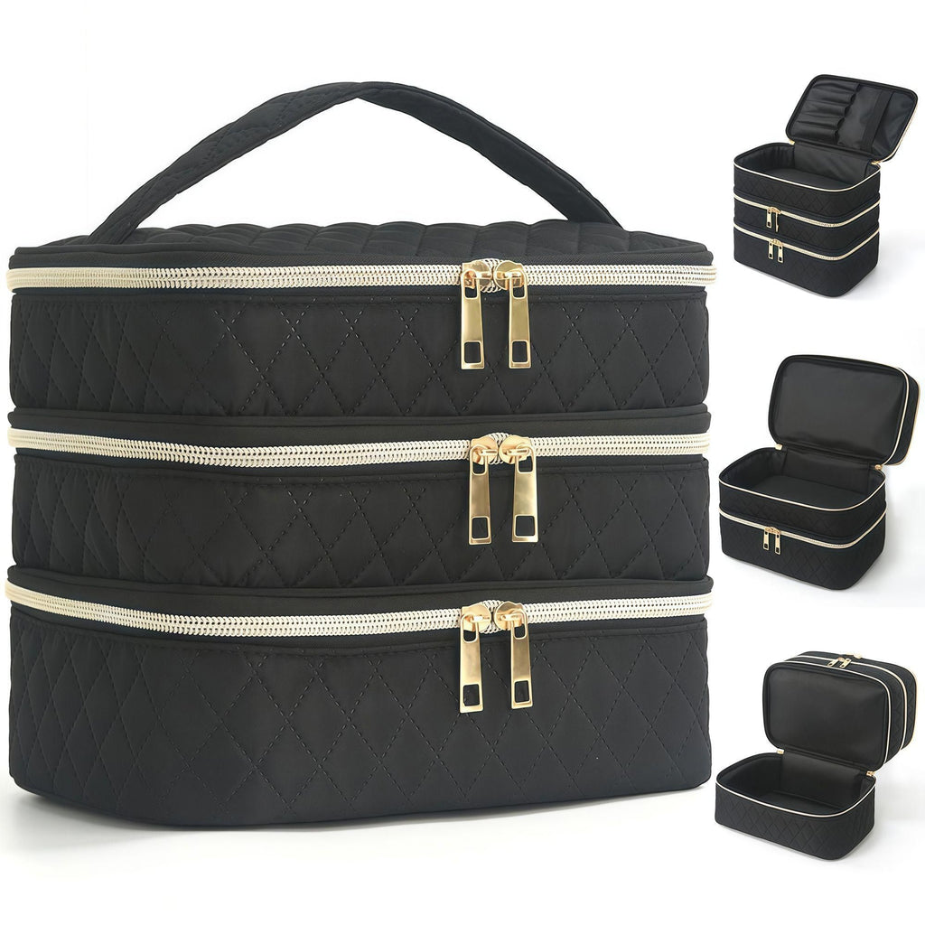 Detachable three-layer diamond grid makeup bag, handheld large capacity skincare storage bag, portable beauty bag for travel