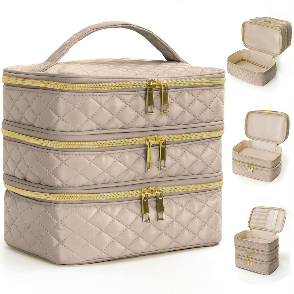 Detachable three-layer diamond grid makeup bag, handheld large capacity skincare storage bag, portable beauty bag for travel