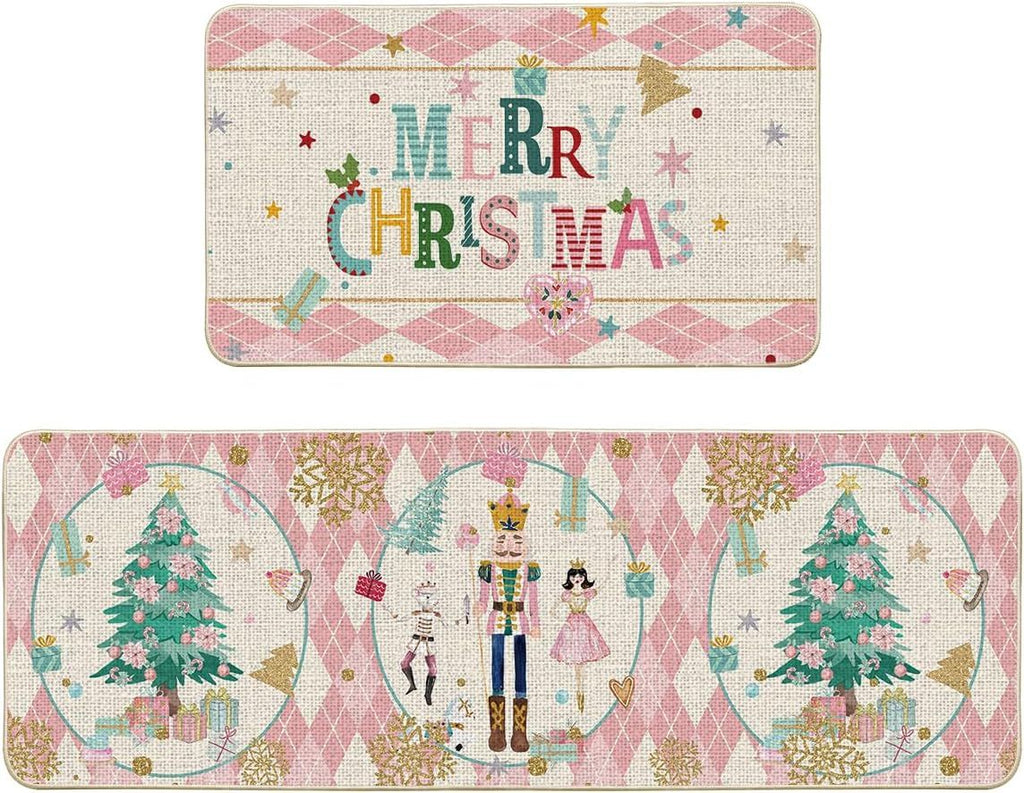 Diamond Plaid Nutcracker Merry Christmas Kitchen Mats Set of 2, Winter Decor Low-Profile Kitchen Rugs for Floor - 17x29 and 17x47 Inch