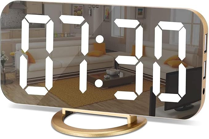Digital Alarm Clock, LED and Mirror Desk Clock Large Display ,with Dual USB Charger Ports,3 Levels Brightness,12/24H,Modern Electronic Clock for Bedroom Home Living Room Office - Gold