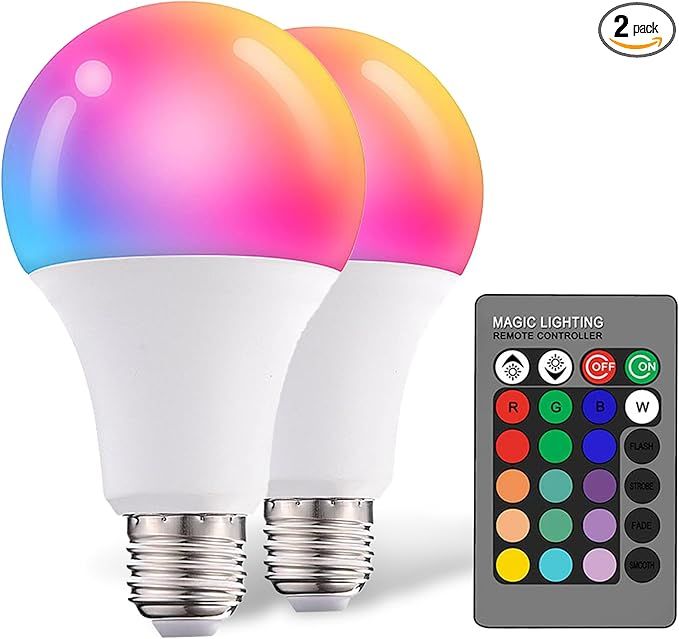 Dimmable E26 Warm LED Light Bulb, 6W RGBW Color 500LM with 16 Color Changing Modes for Christmas, Party etc with Remote Control 2 Pack