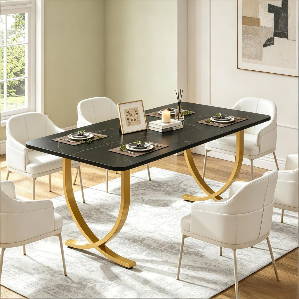 Dining Table 63 Inch Kitchen Table with Faux Marble Table Top