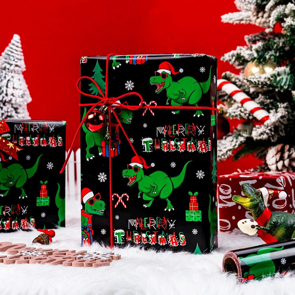 Dinosaur Christmas Wrapping Paper Roll for Kids - Black Cool Dinosaur with Decorations & Red Letters Reversible Gift Wrap for Christmas, New Year Celebration - Mini Roll - 17 Inch x 33 Feet