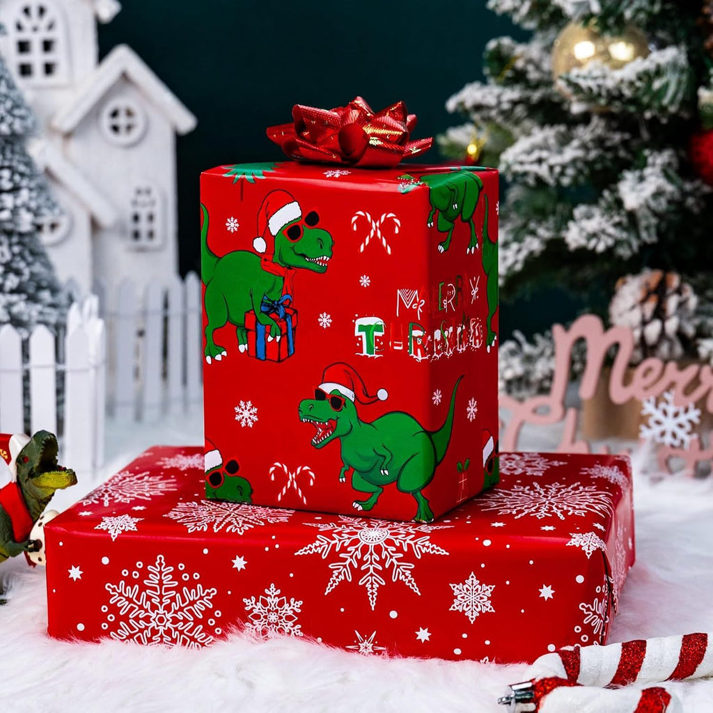 Dinosaur Christmas Wrapping Paper Roll for Kids - Red Cool Dinosaur with Decorations & Snowflake Reversible Gift Wrap for Christmas, New Year Celebration - Mini Roll - 17 Inch x 33 Feet