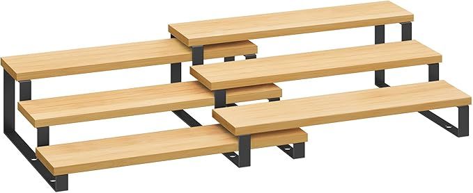 Display Risers, Set of 2 Engineered Wood Perfume Organizer Stand, 3-Tier Cupcake Stand Holder, Spice Rack, Shelf Risers for Figures, Dessert Shelves, Natural Beige and Ink Black