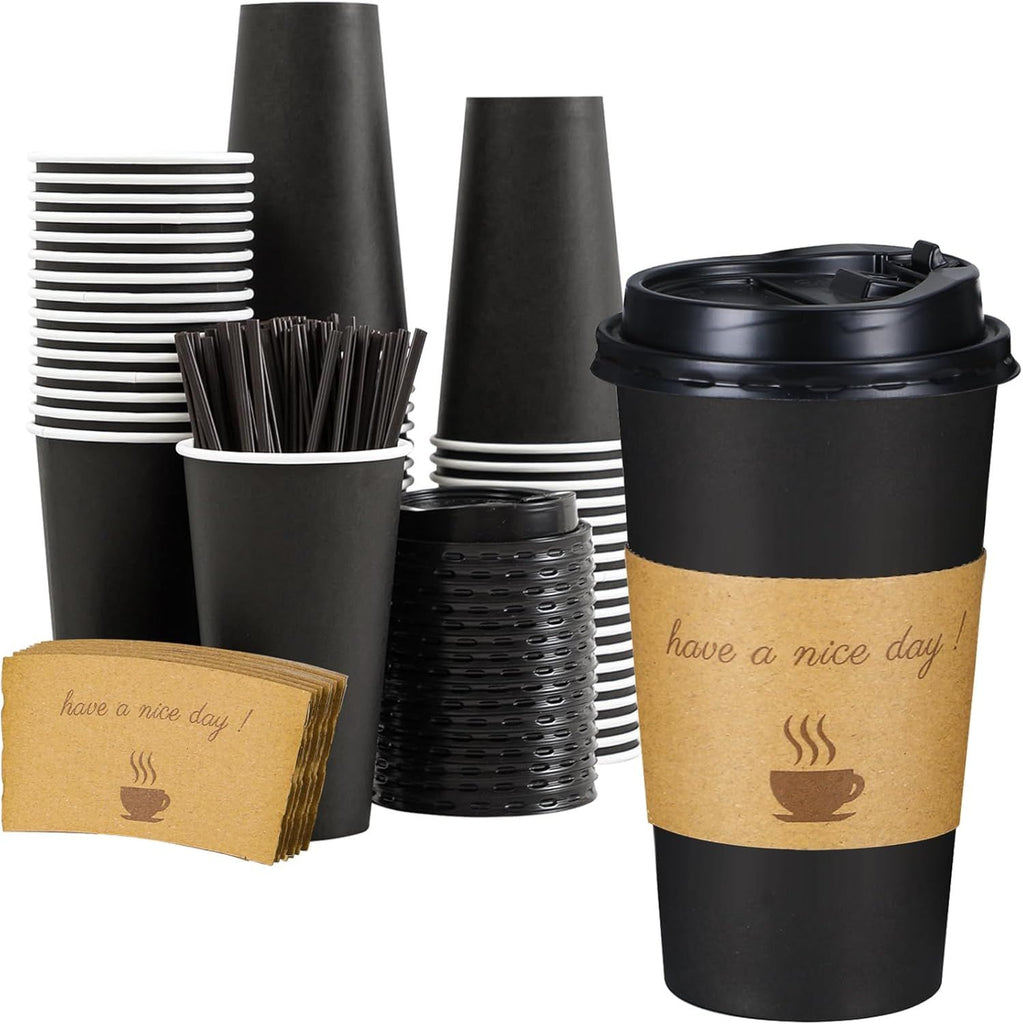 Disposable Coffee Cups with Lids 50 Pack, Hot Paper To Go Cups with Lids, Stir Sticks and Sleeves, for Home, Travel, Office