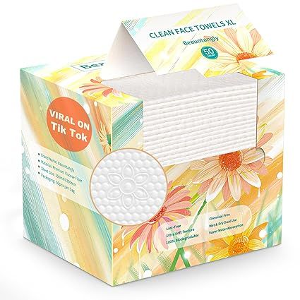 Disposable Face Towel, XL Unscented Facial Towelettes Soft Thick Absorbent, Lint-Free Biodegradable Makeup Remover Dry Wipes Clean Skin Care Washing Drying Camping Travel Essentials, 50 Ct