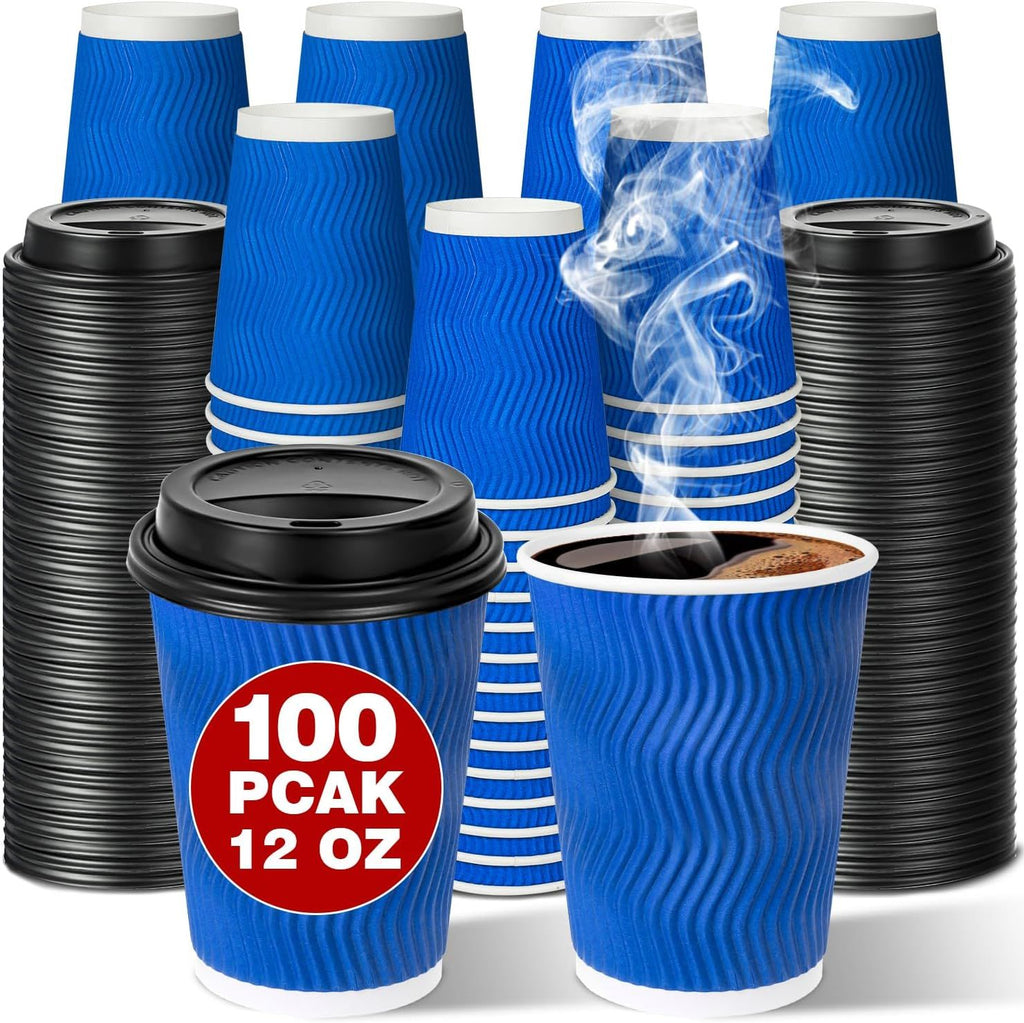 Disposable To Go Coffee Cups with Lids 12 oz 100 Pack, Double Wall Ripple Insulated Blue Paper Cups for Hot Beverage, Chocolate, Cocoa and coffee