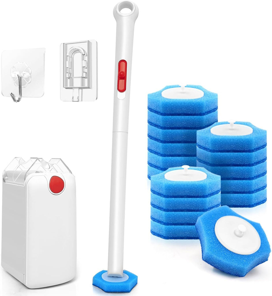 Disposable Toilet Bowl Cleaner Wand with Upgraded Clamping System, Wall Mounted Bathroom Scrubber Brush for Bathtub Sink Wash Basin, 16 Refills