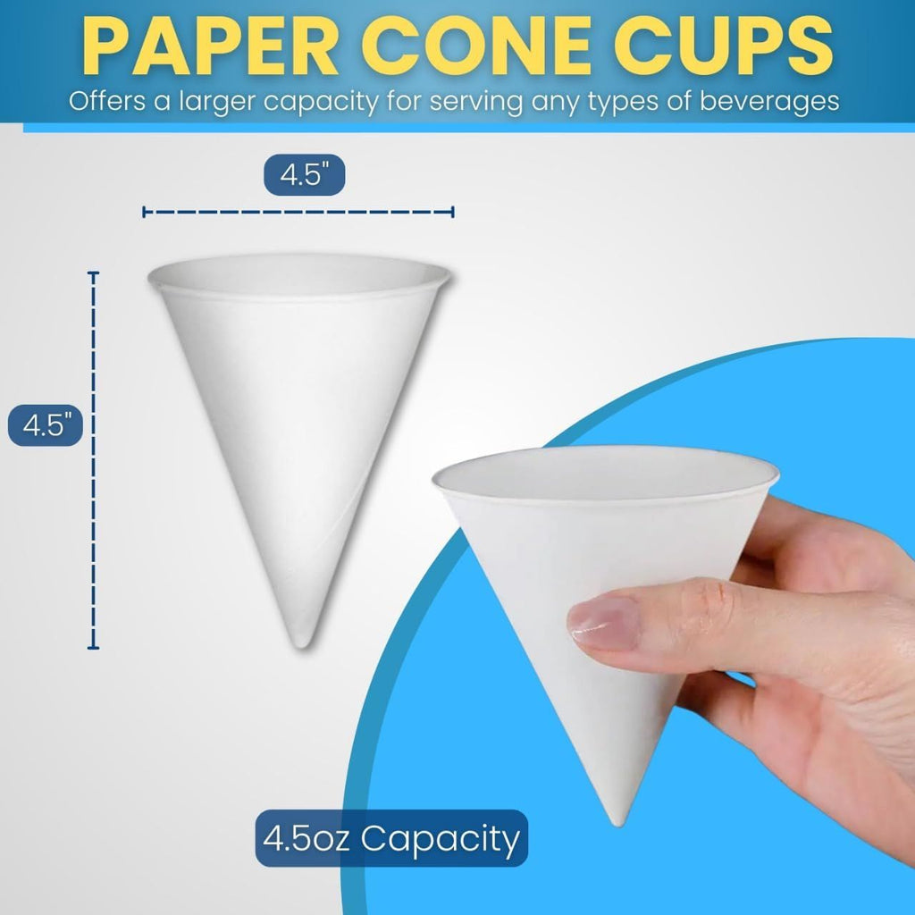 Disposable White Paper Cone Cups (Pack of 100-4.5 oz) Eco-Friendly, Leak-Proof, Ideal for Events, Water Coolers, Quick Hydration & Efficient Cleanup